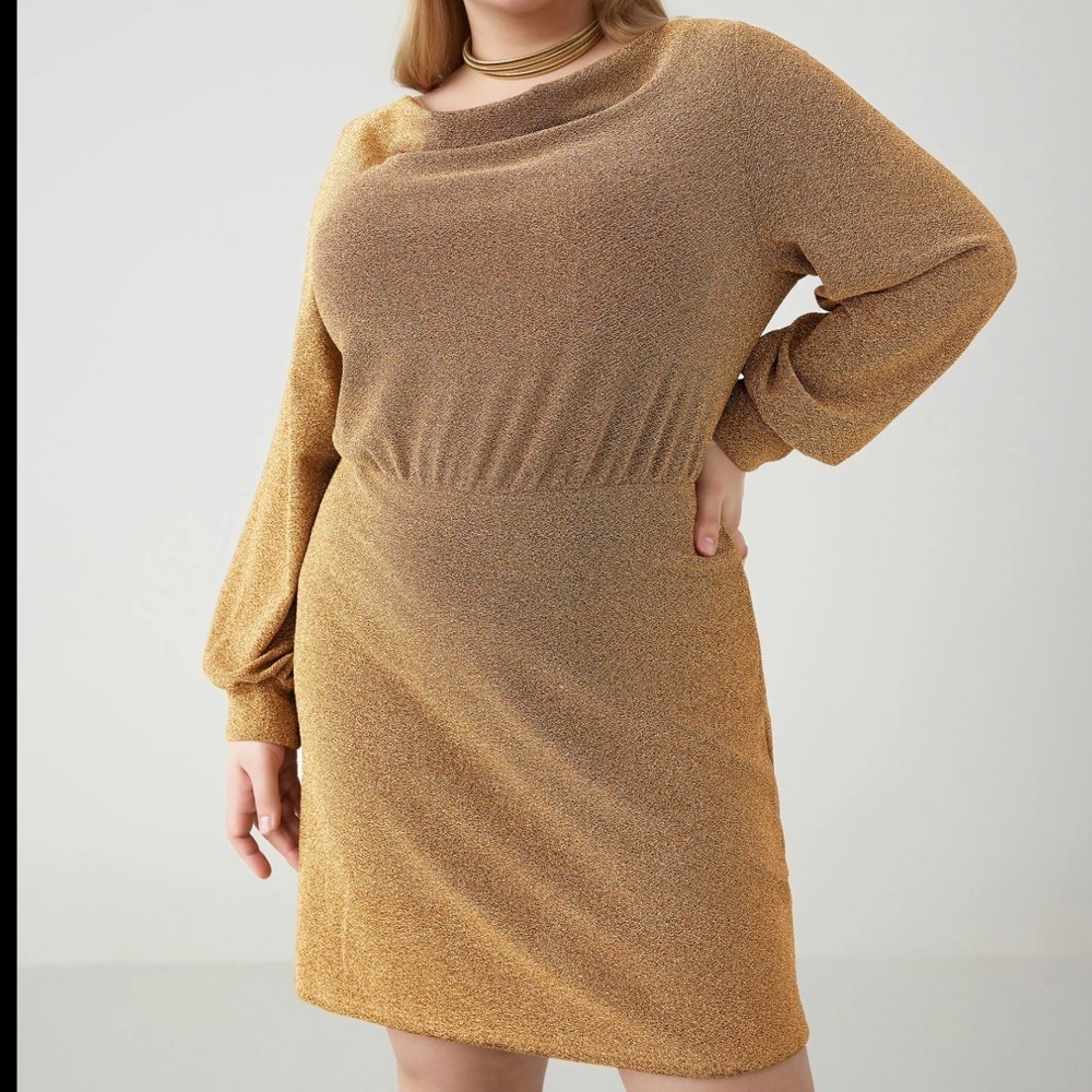 Cider Gold Metallic Lurex Balloon Sleeve Mini Dress Plus Size 2XL